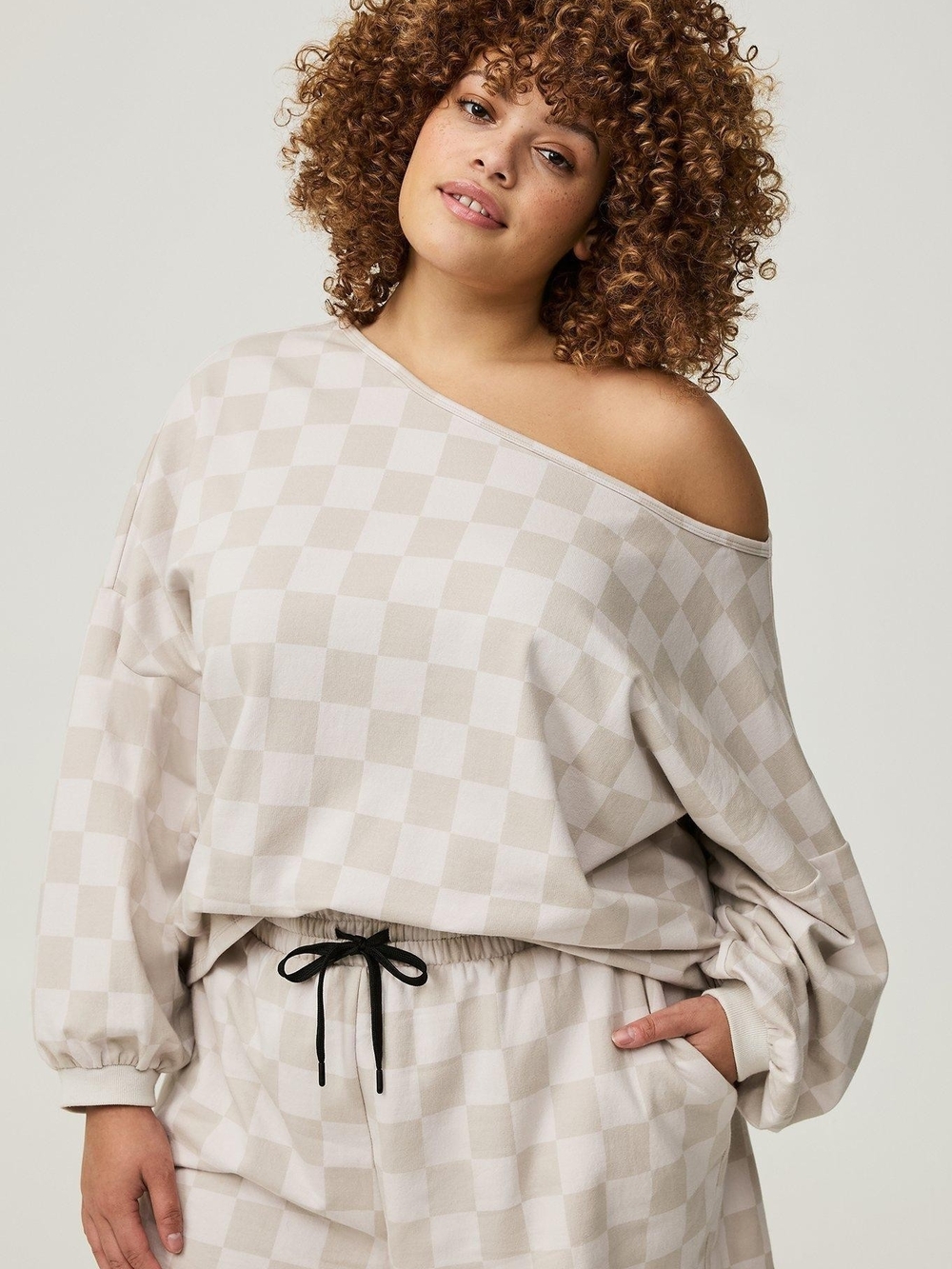 torrid Neutral Checkered Drop-Shoulder Sweatshirt